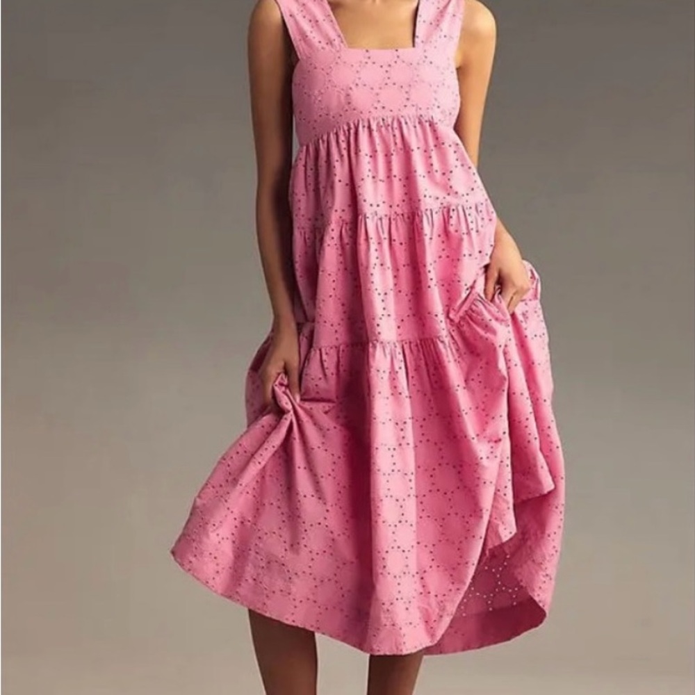 Anthropologie Pink Sleeveless Midi Eyelet Dress